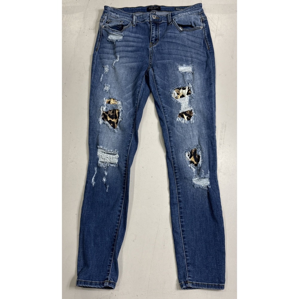 Judy Blue‎ Jeans Womens 11 / 30 Denim Leopard Patch Skinny Stretch Distressed